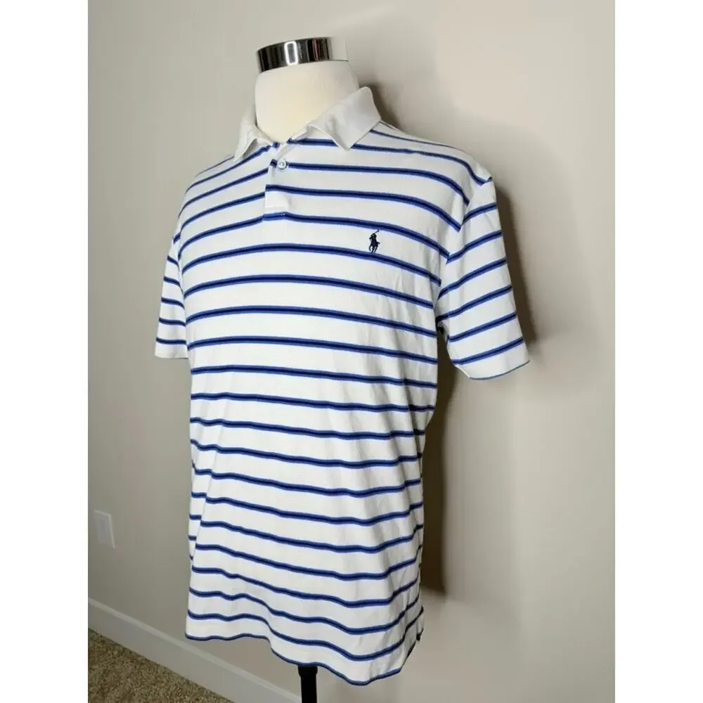 Ralph Lauren Polo Shirt 100% Cotton Large Blue White Stripe Mens Preppy Sports